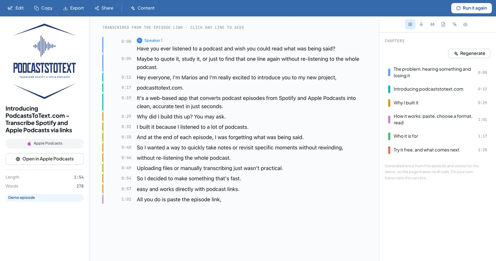 Podcast transcript split into colour-coded chapters, with the chapter list and start times beside it