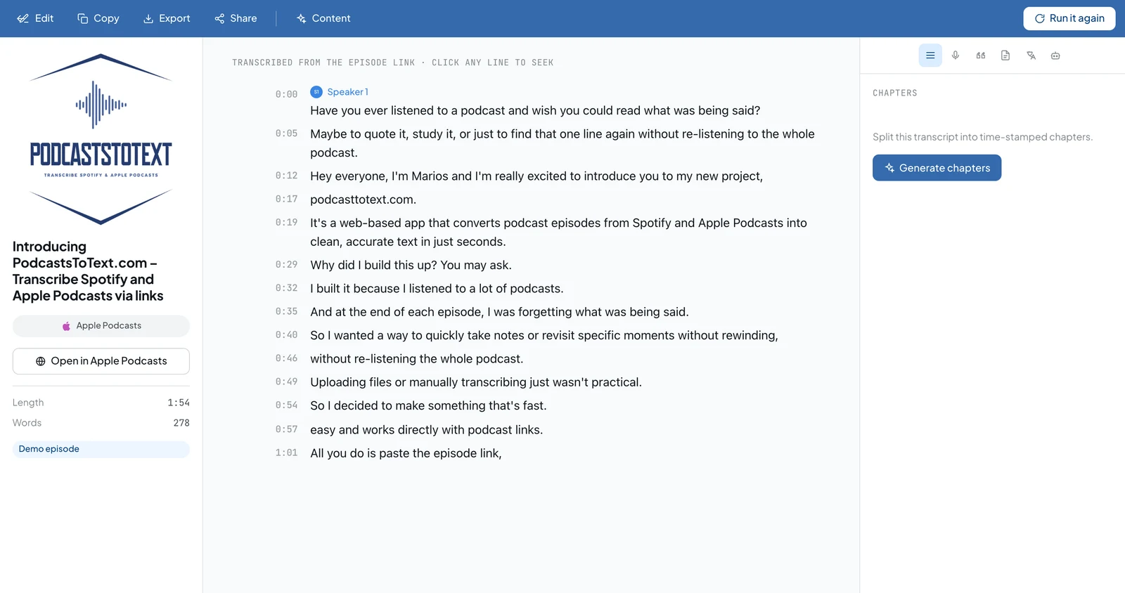 Podcast transcript in the PodcastsToText editor, with a timestamp on every line and the speaker named above what they say