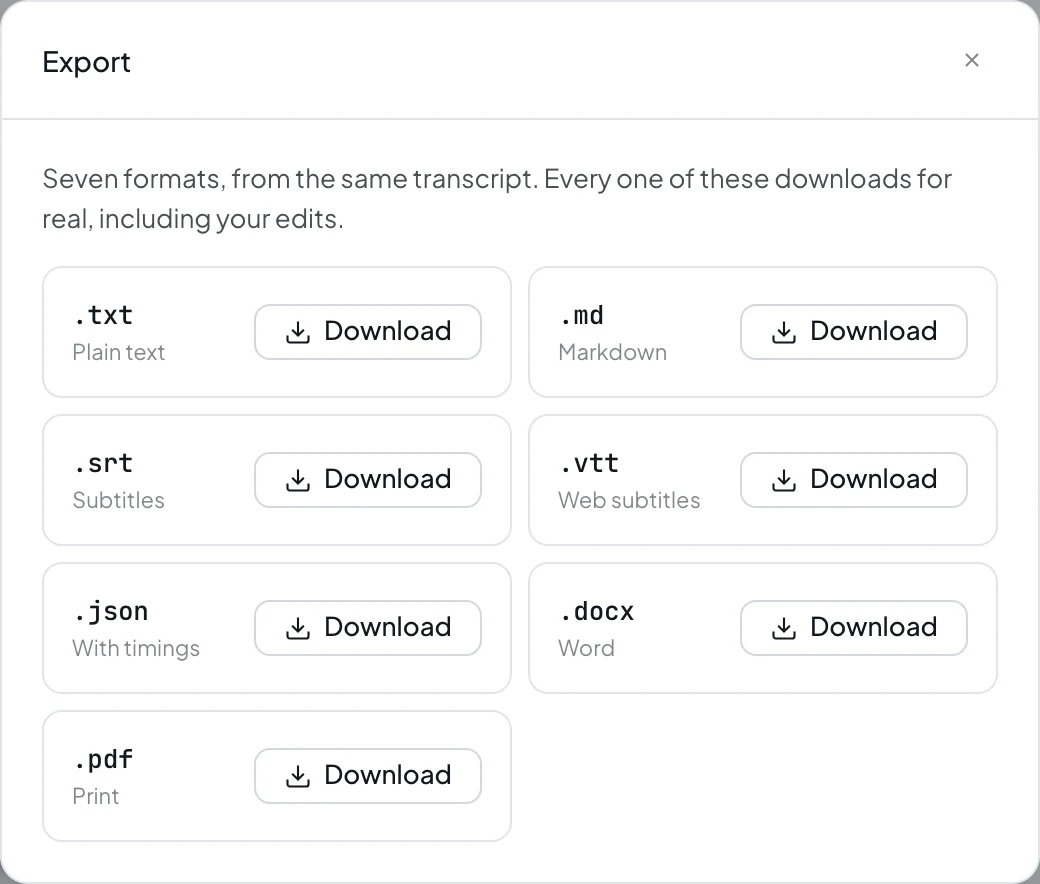 Export dialog offering a transcript as TXT, Markdown, SRT, VTT, JSON, DOCX and PDF