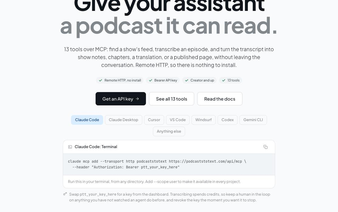 The PodcastsToText developer platform page, showing the REST API and MCP server documentation.