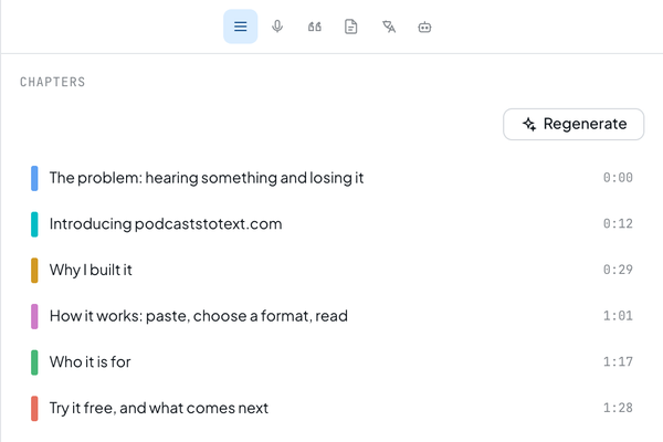The Chapters panel in the PodcastsToText editor, listing six timestamped chapters.