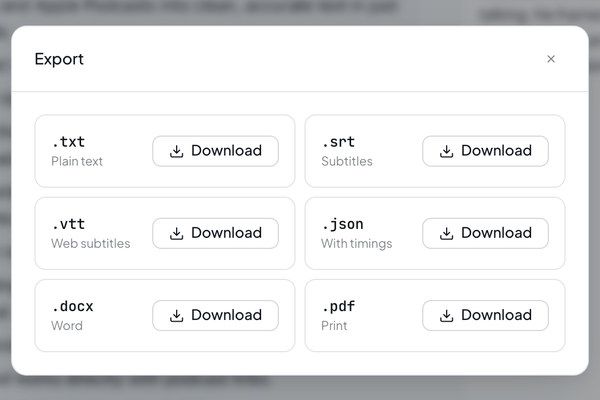 The Export dialog in the PodcastsToText editor with TXT, SRT, VTT, JSON, DOCX and PDF.