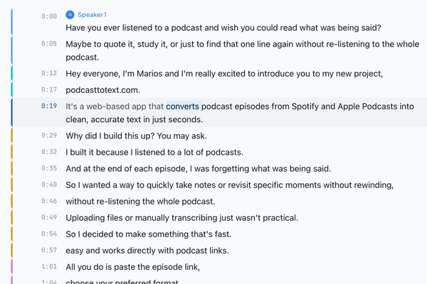 A transcript in the PodcastsToText editor: timestamps, a speaker label and chapter colours down the left edge.