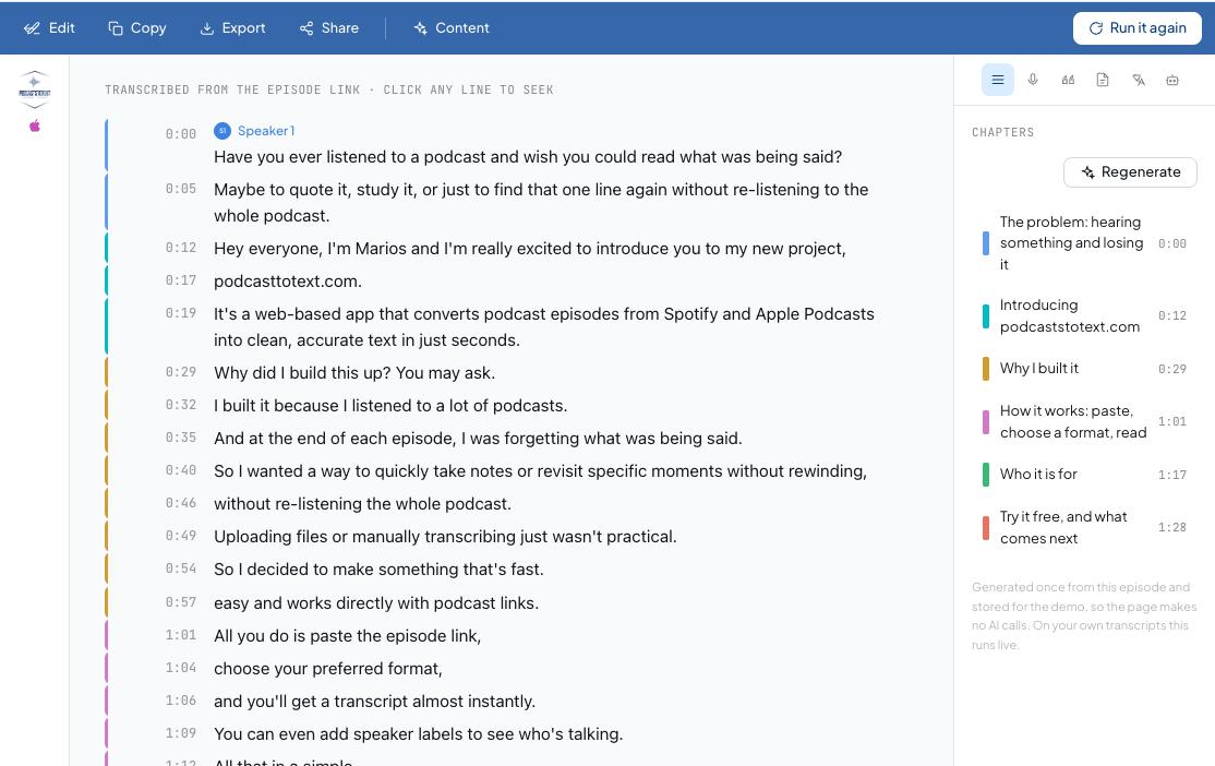 The PodcastsToText transcript editor, showing an episode transcript with timestamps, speaker labels and the chapter inspector open.